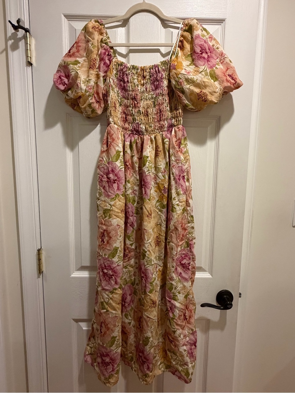 Joie Pink and Green Floral Smocked Midi Dress